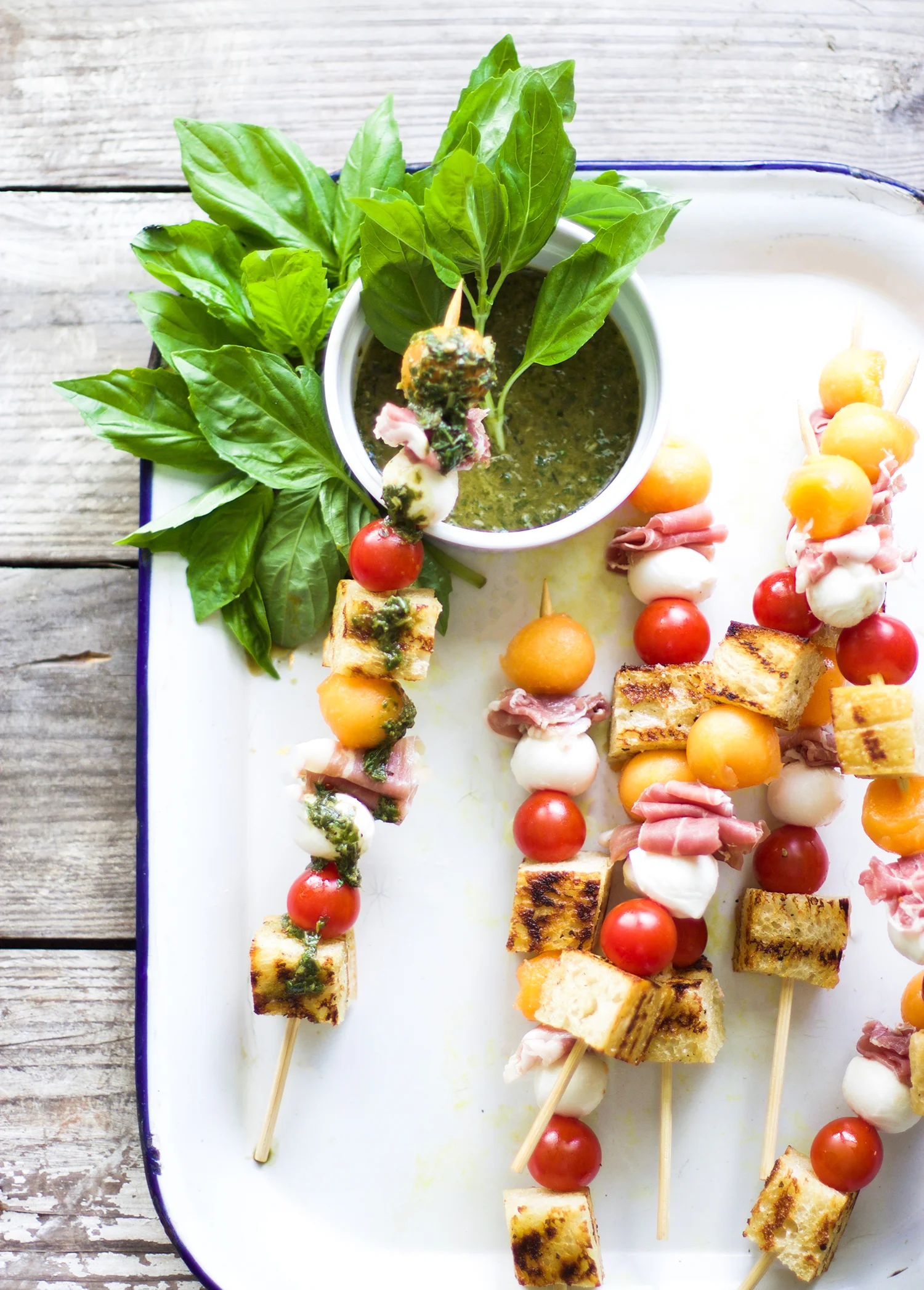 Panzanella Cantaloupe Caprese Skewers