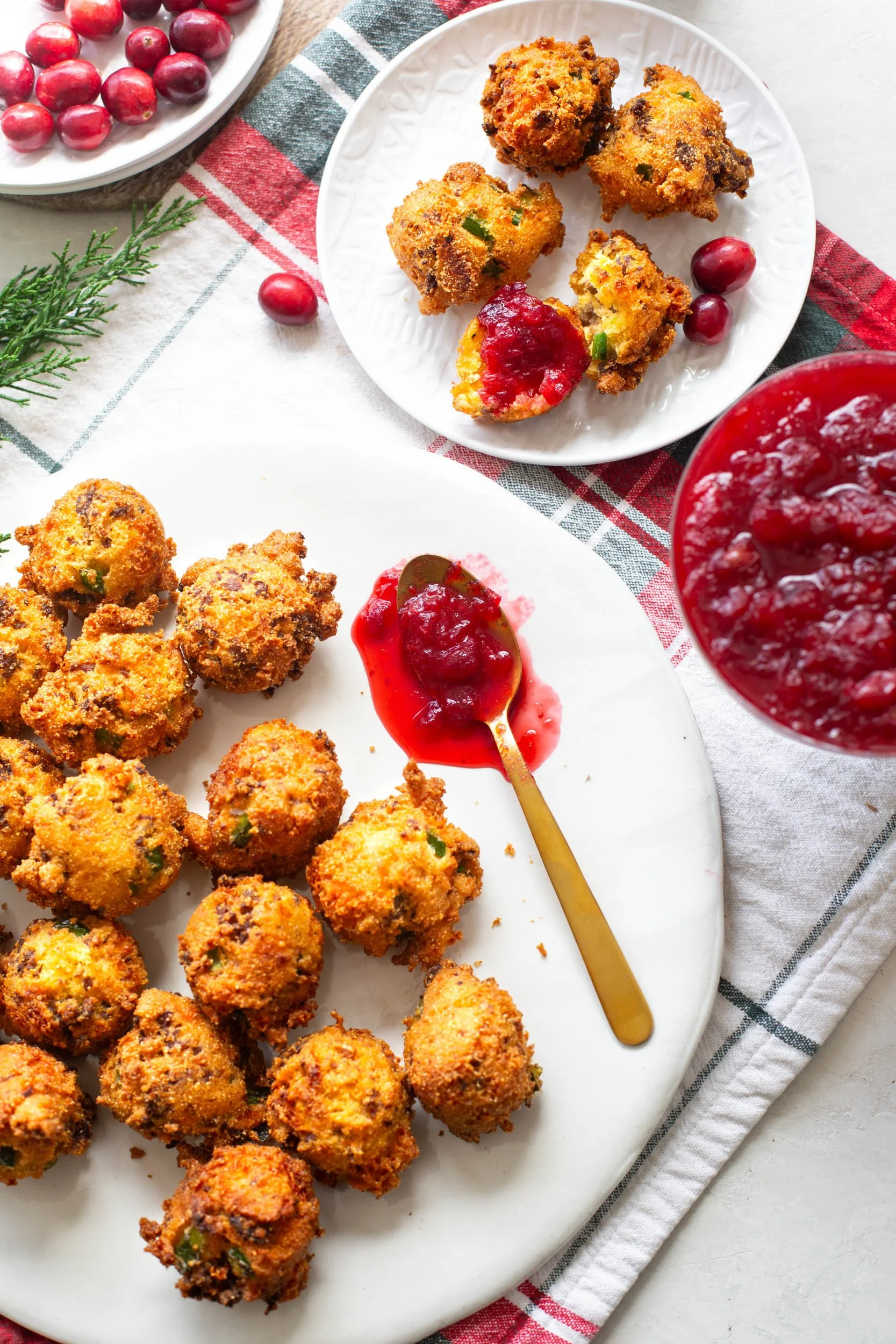 Sausage Jalapeño Cheddar Hush Puppies with Cranberry Chutney 
