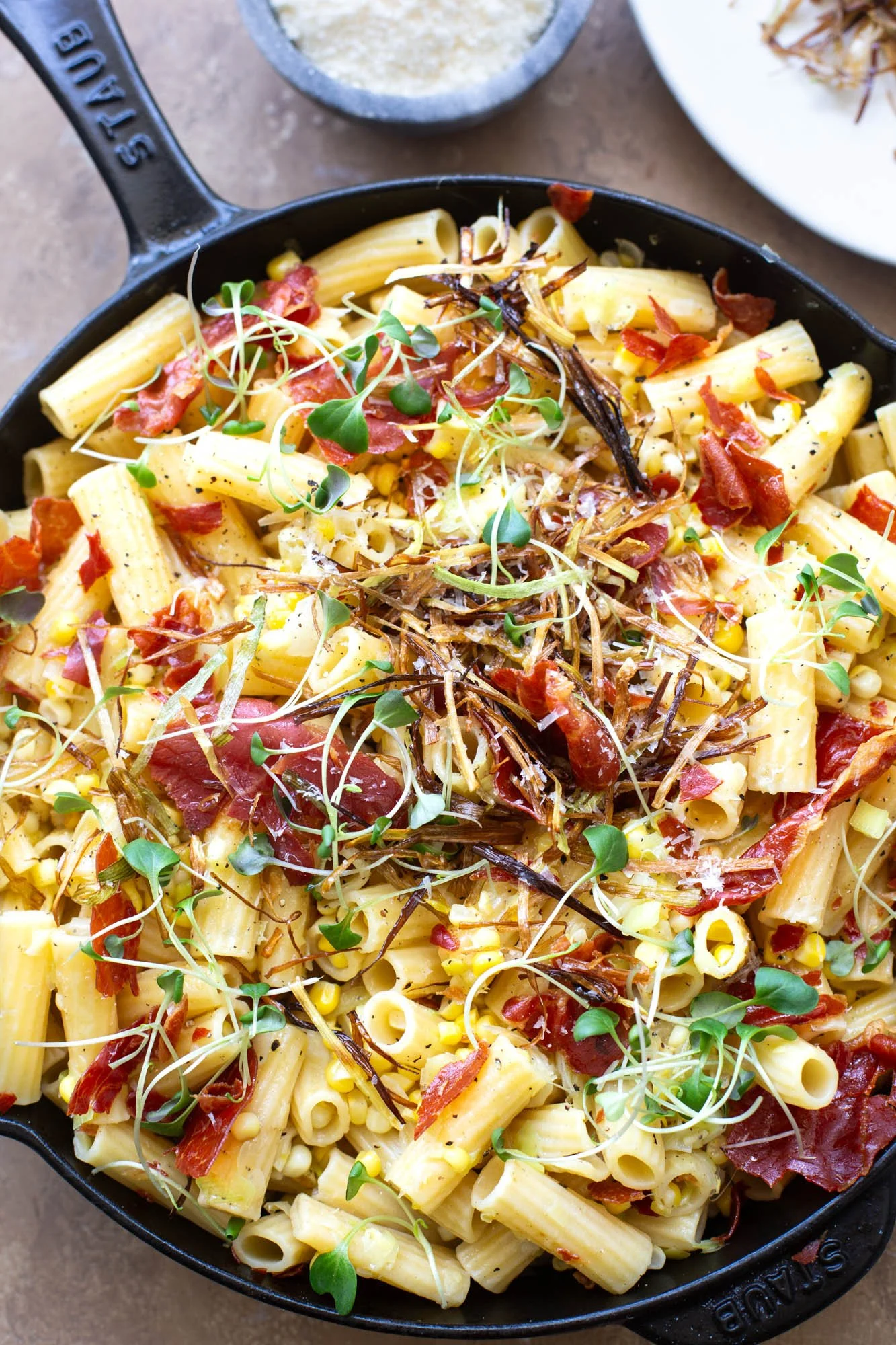 Sweet Corn and Leek Pasta with Crispy Prosciutto