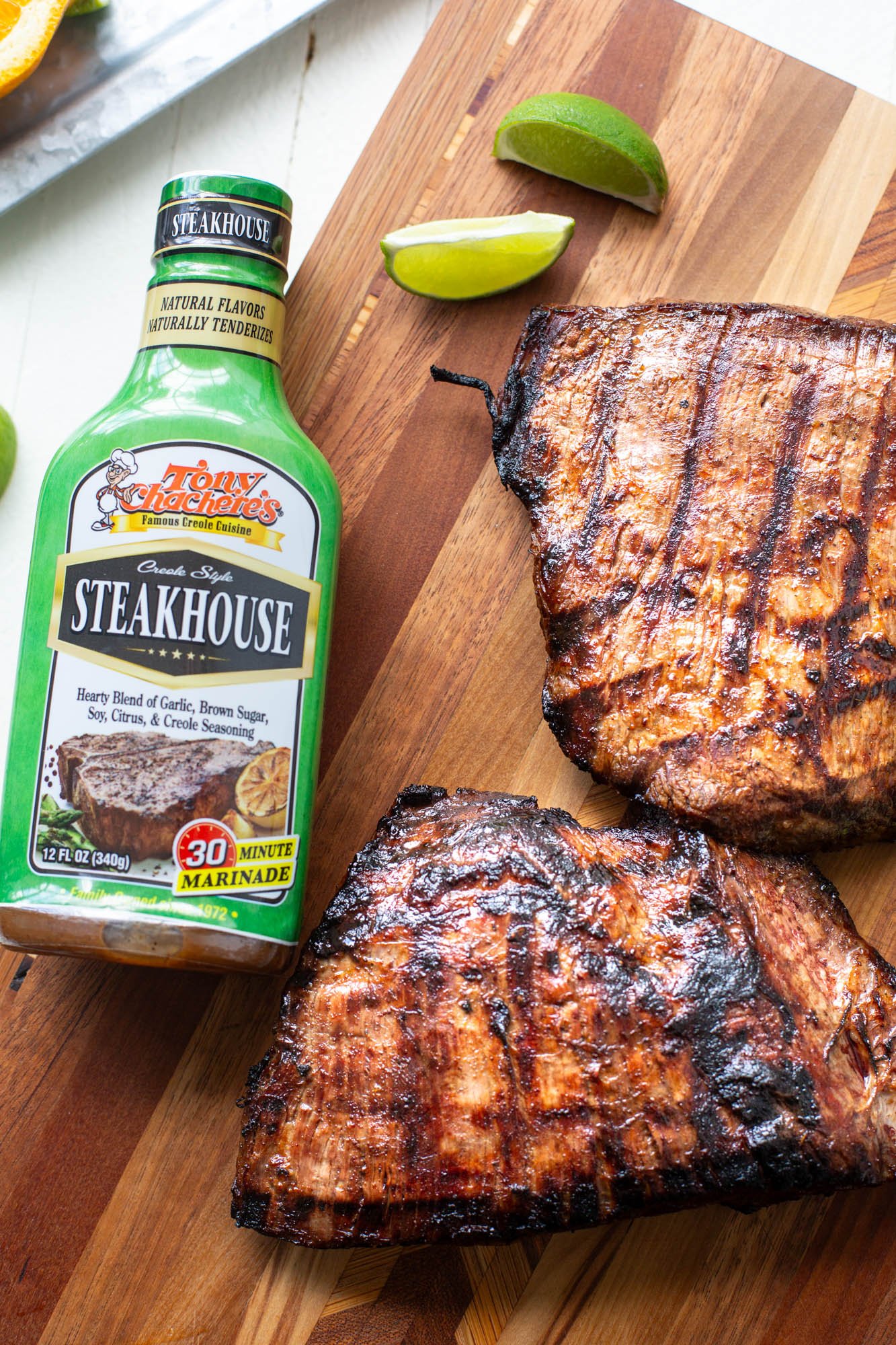 Grilled flank steak ready to chop for carne asada tacos.
