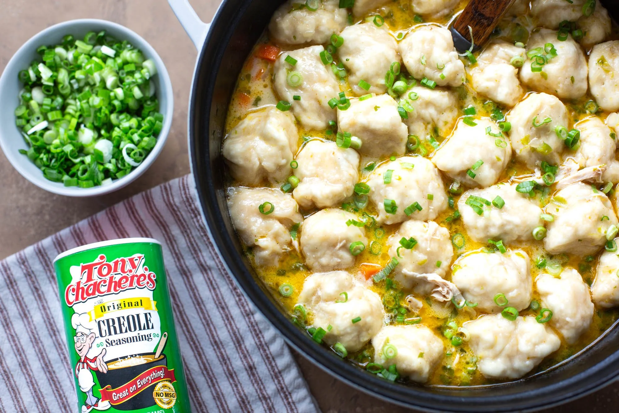 Big pot of Cajun chicken and dumplings.