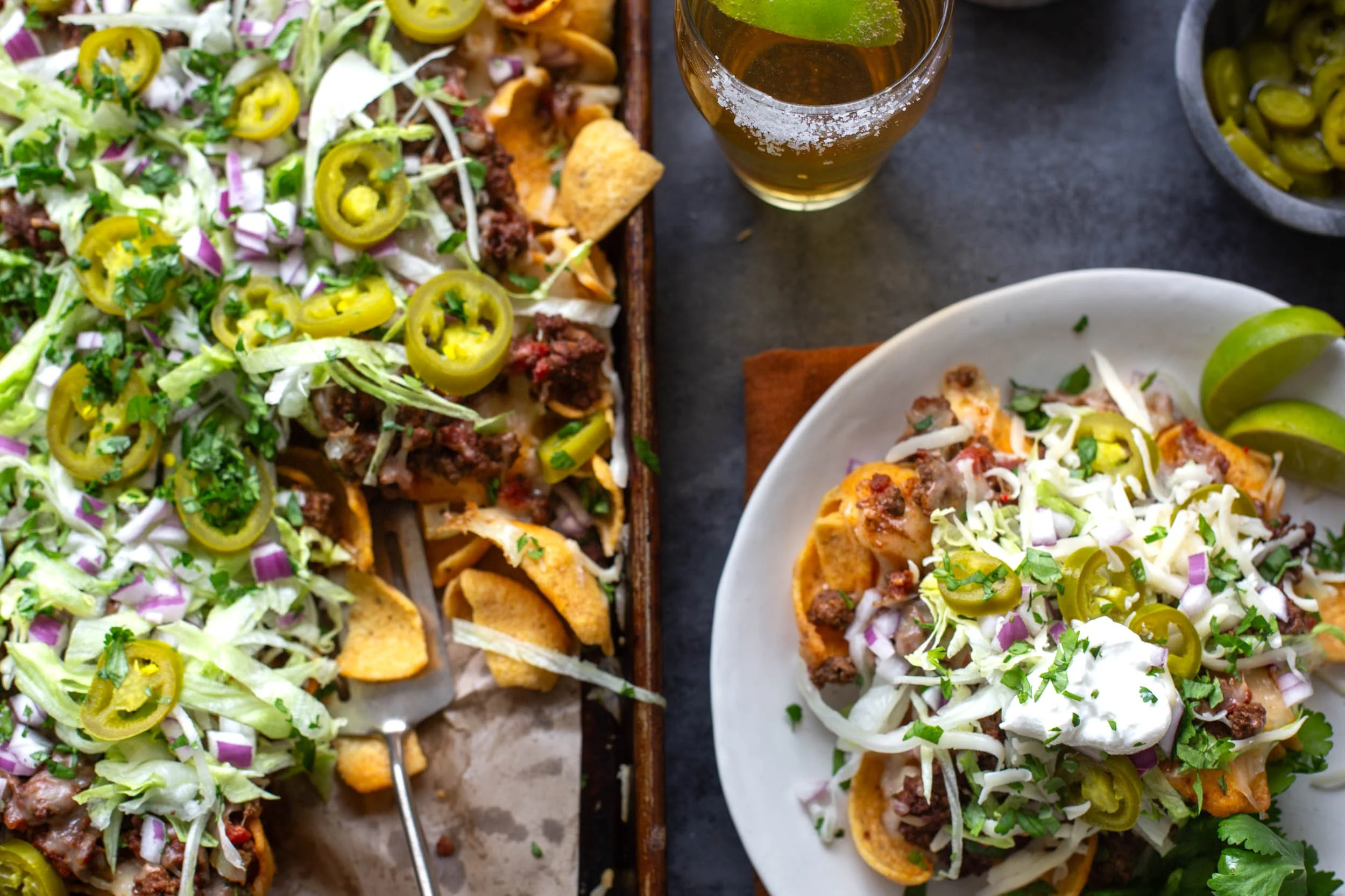 Sheet pan walking tacos served on a plate.