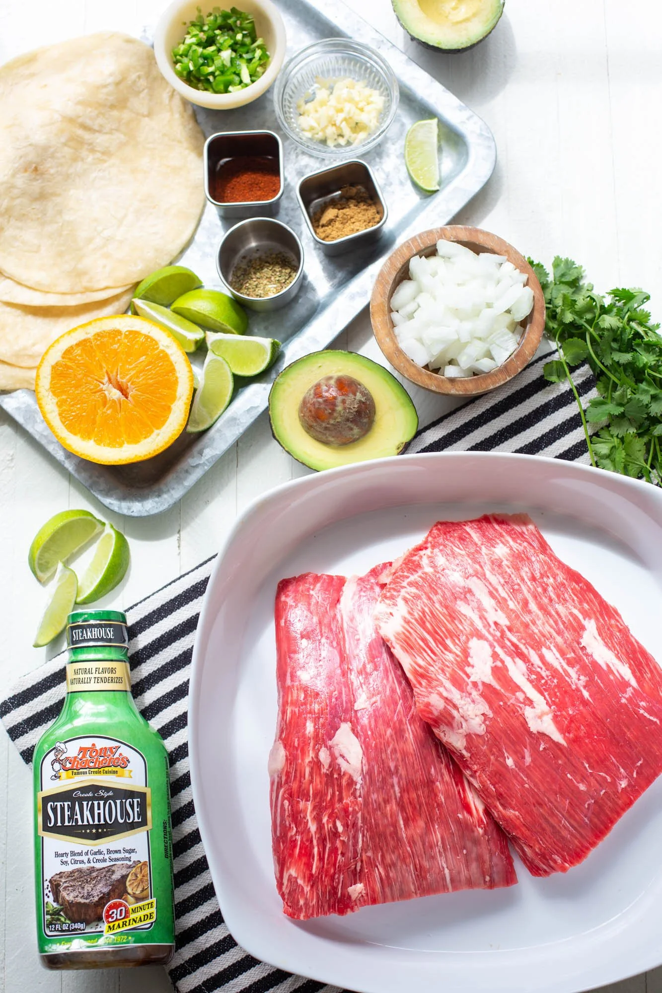 All the ingredients for carne asada tacos.
