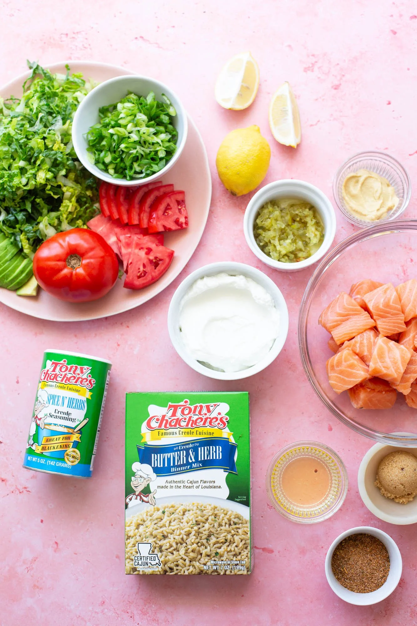 Ingredients to make blackened salmon rice bowls.