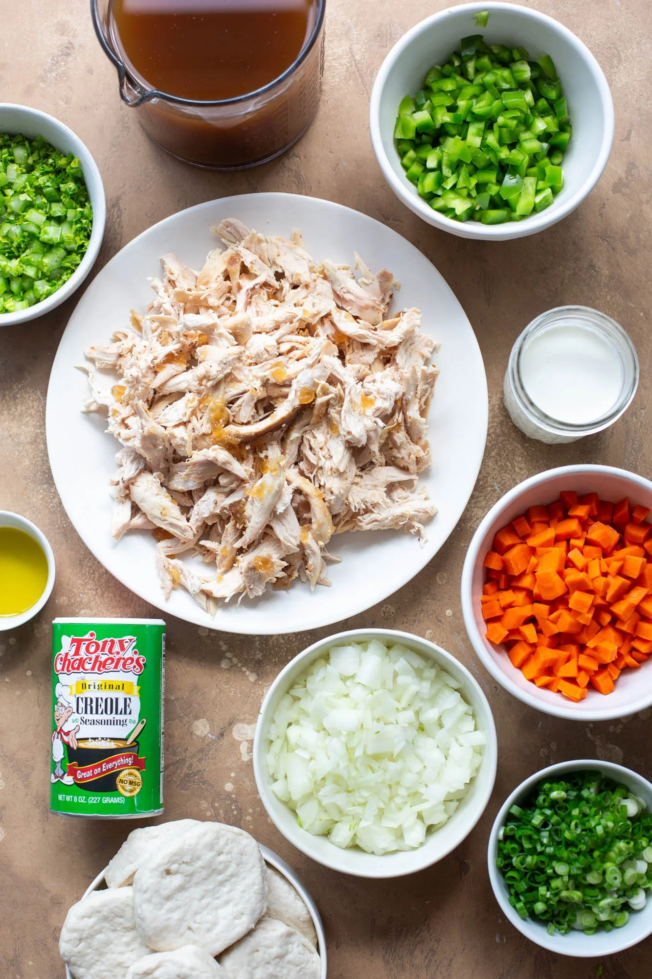 Ingredients laid out for Cajun Chicken and Dumplings