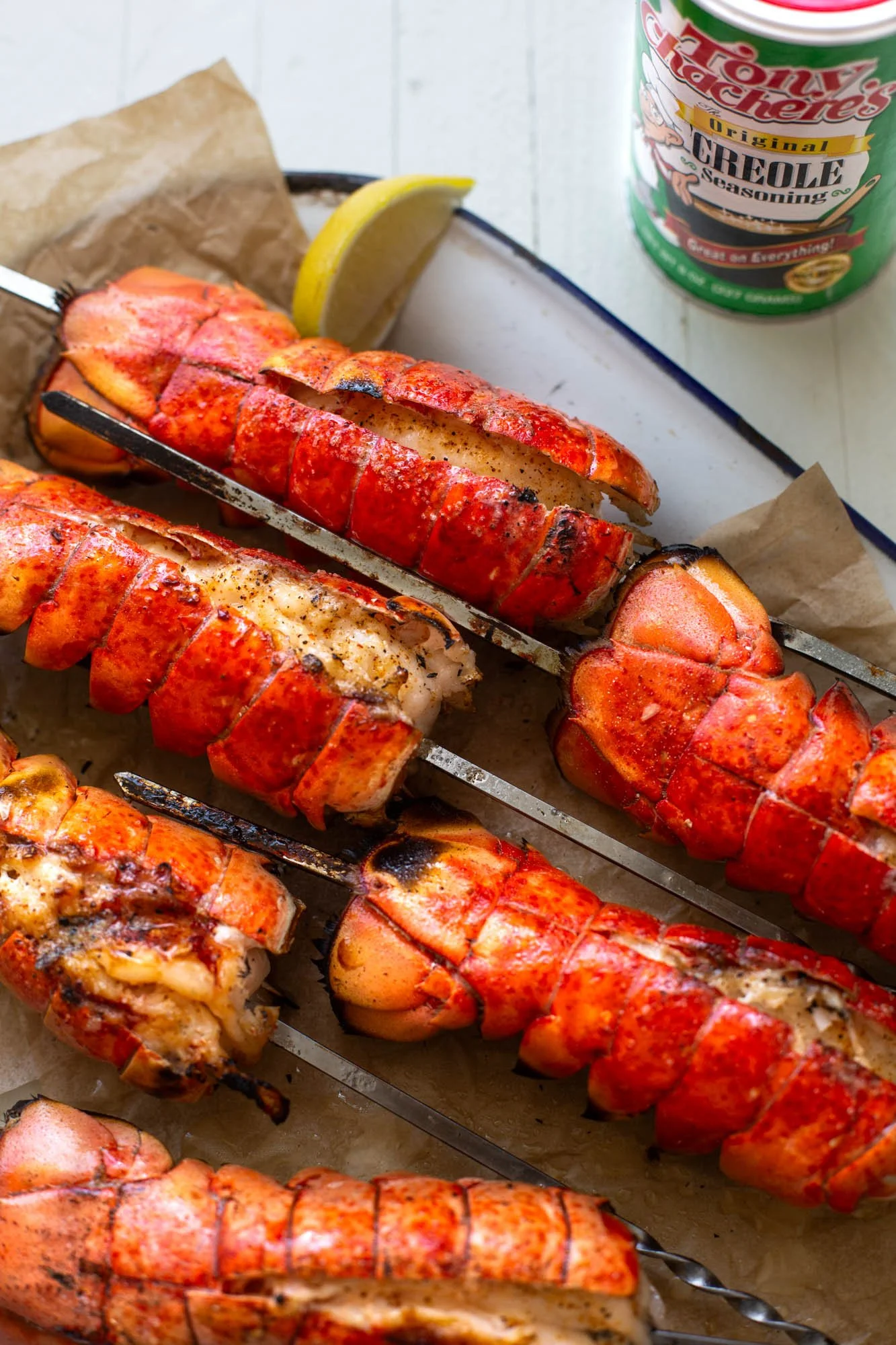 Grilled lobster tails for grilled Cajun lobster rolls.