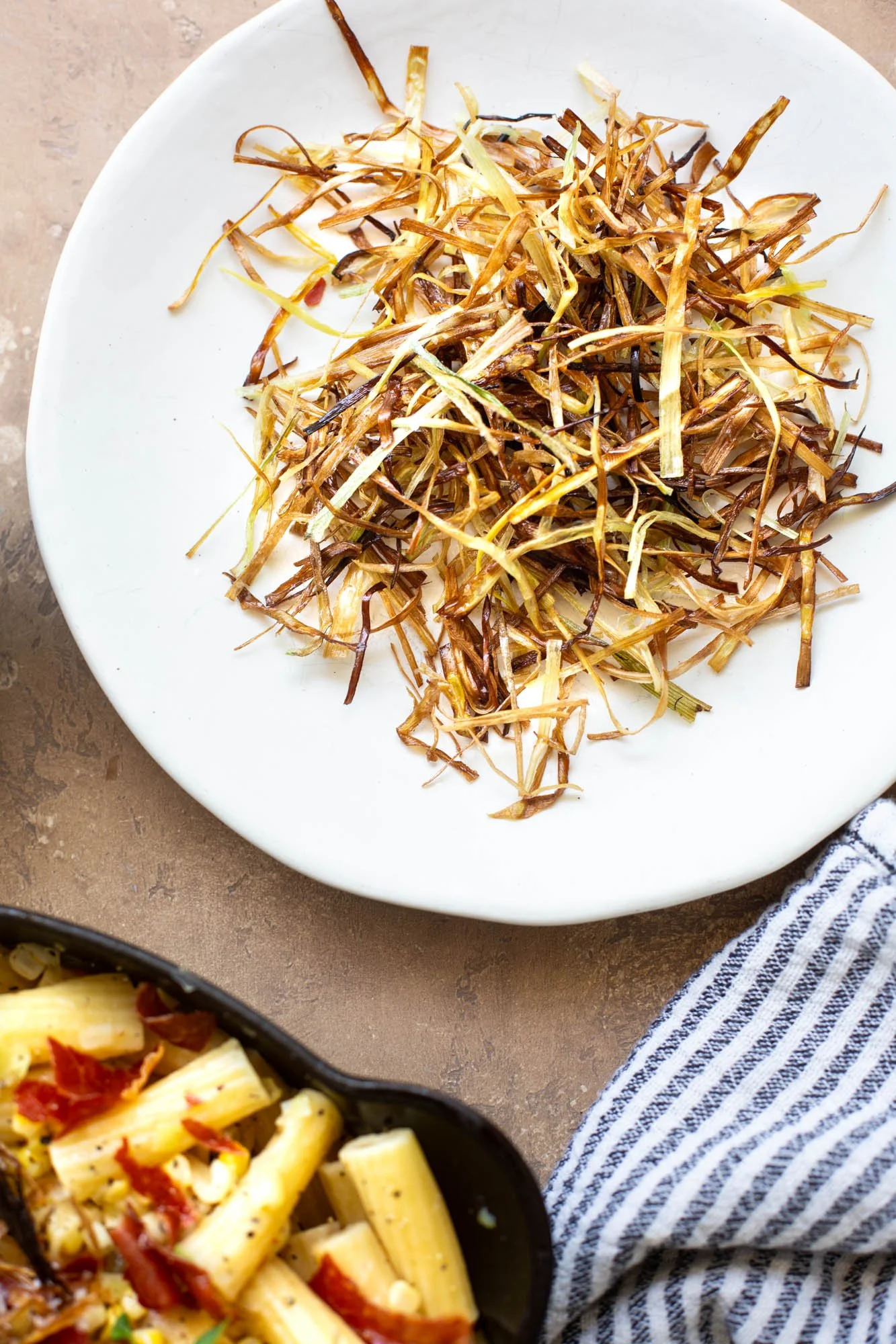 Close up shot of the crispy fried leeks pasta topping.