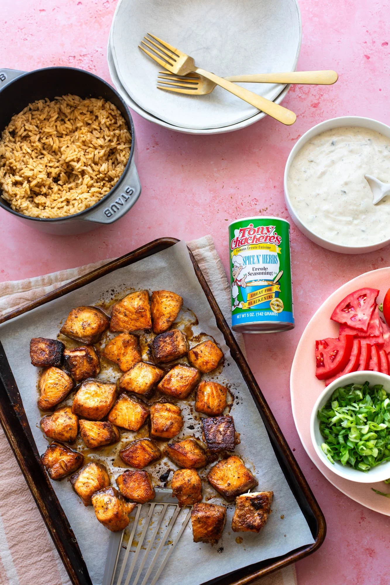 Ingredients prepped for blackened salmon rice bowls.