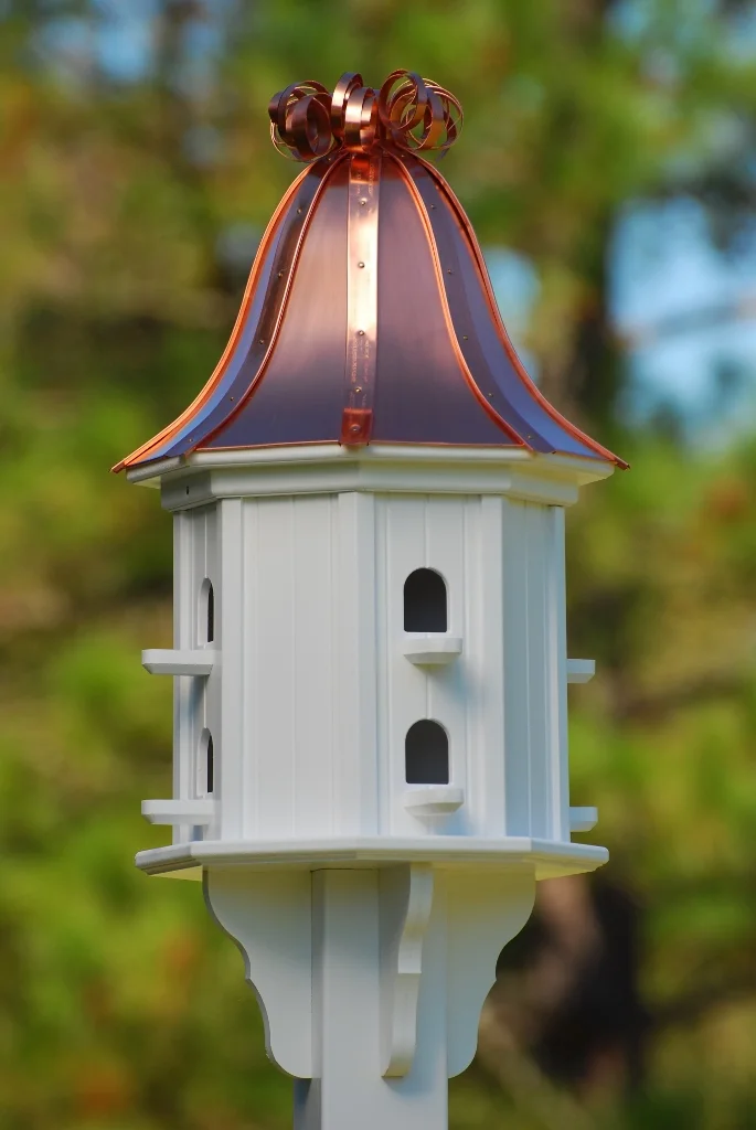 14" Vinyl Birdhouse with curly top and perches —Vinyl/Copper Top