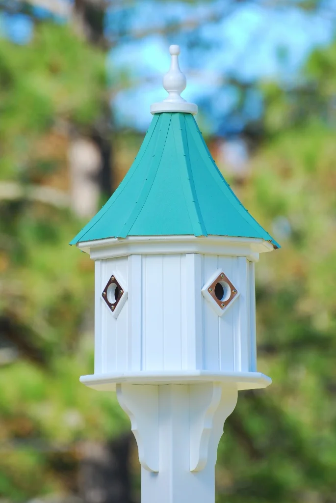 14" Vinyl birdhouse (4 Room) with copper portals and sloped top —Vinyl