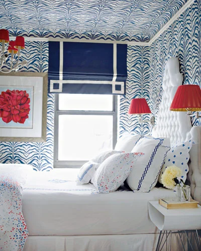 {I love this and especially adore the Rose Cummings navy "Zebrine" wallpaper}