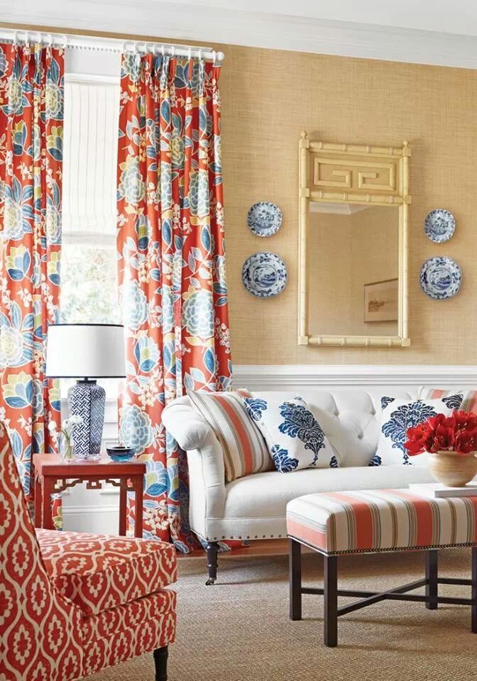 {I love this the large print drapery panels and the beautiful grass cloth wallpaper.} 