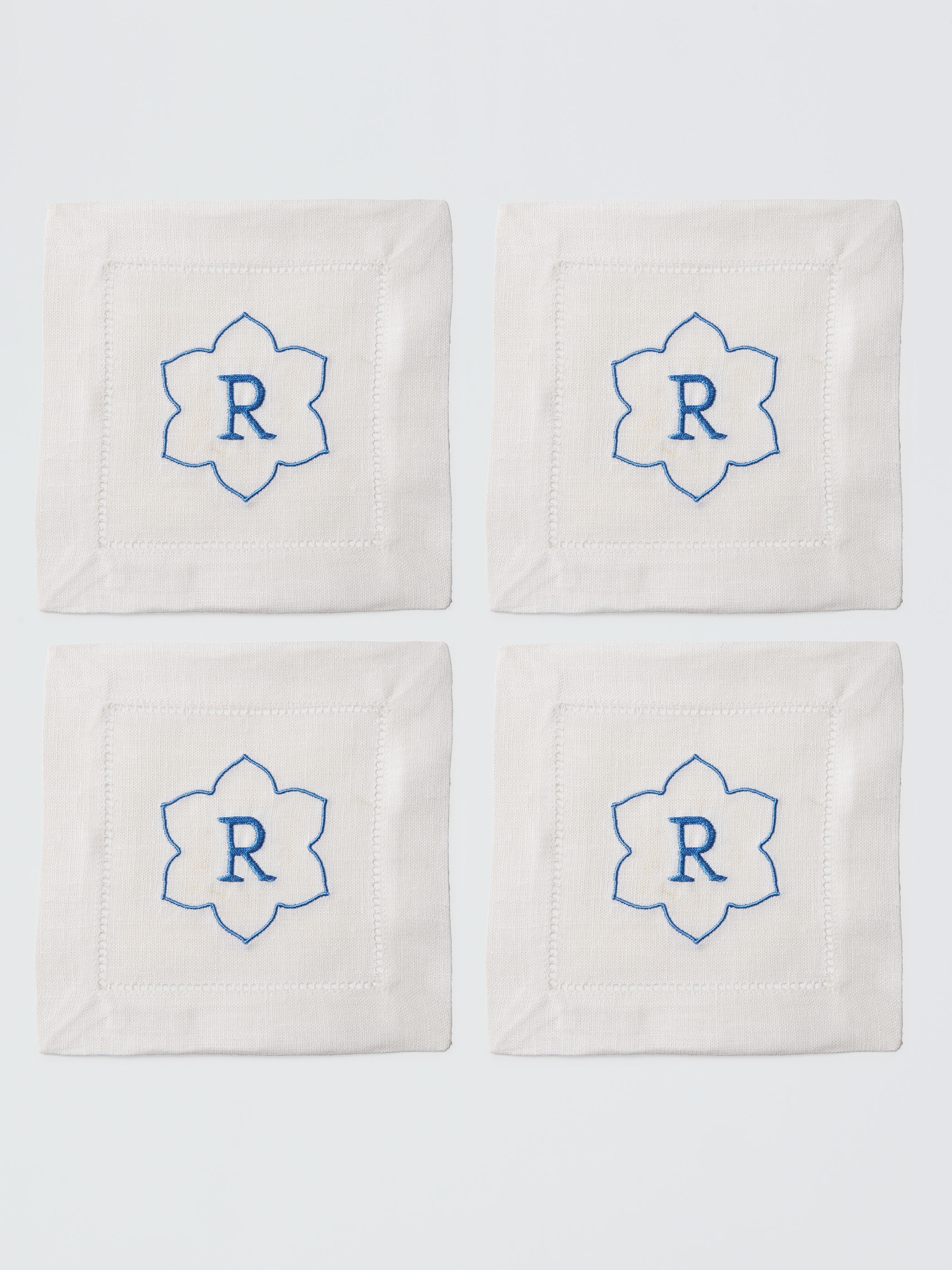 Single Letter Monogrammed Cocktail Napkin Set - Sferra Linen napkins and crafted by Number Four Eleven, a charming shop in the heart of Savannah, GA. 