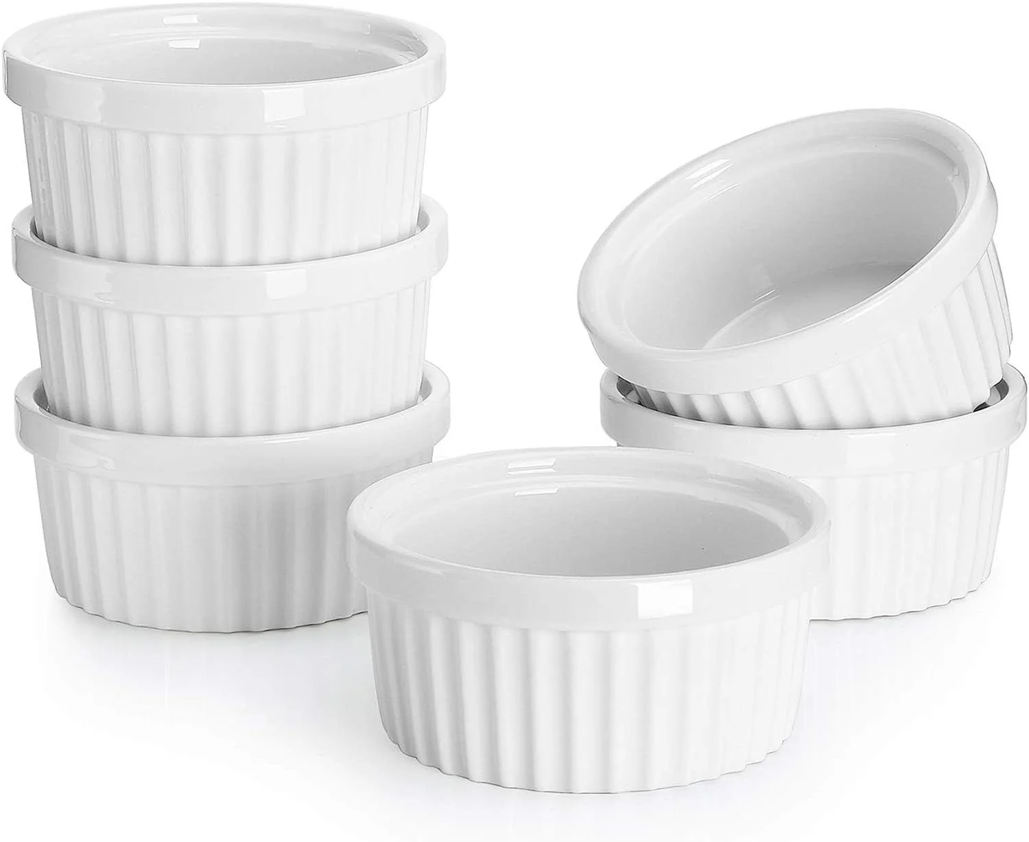 Sweese 4 oz Ramekins Set of 6, Creme Brulee Ramekins Oven Safe, Porcelain Ramiken Set, Souffle, Custard Cups for Baking and Dipping Sauces Bowls, White