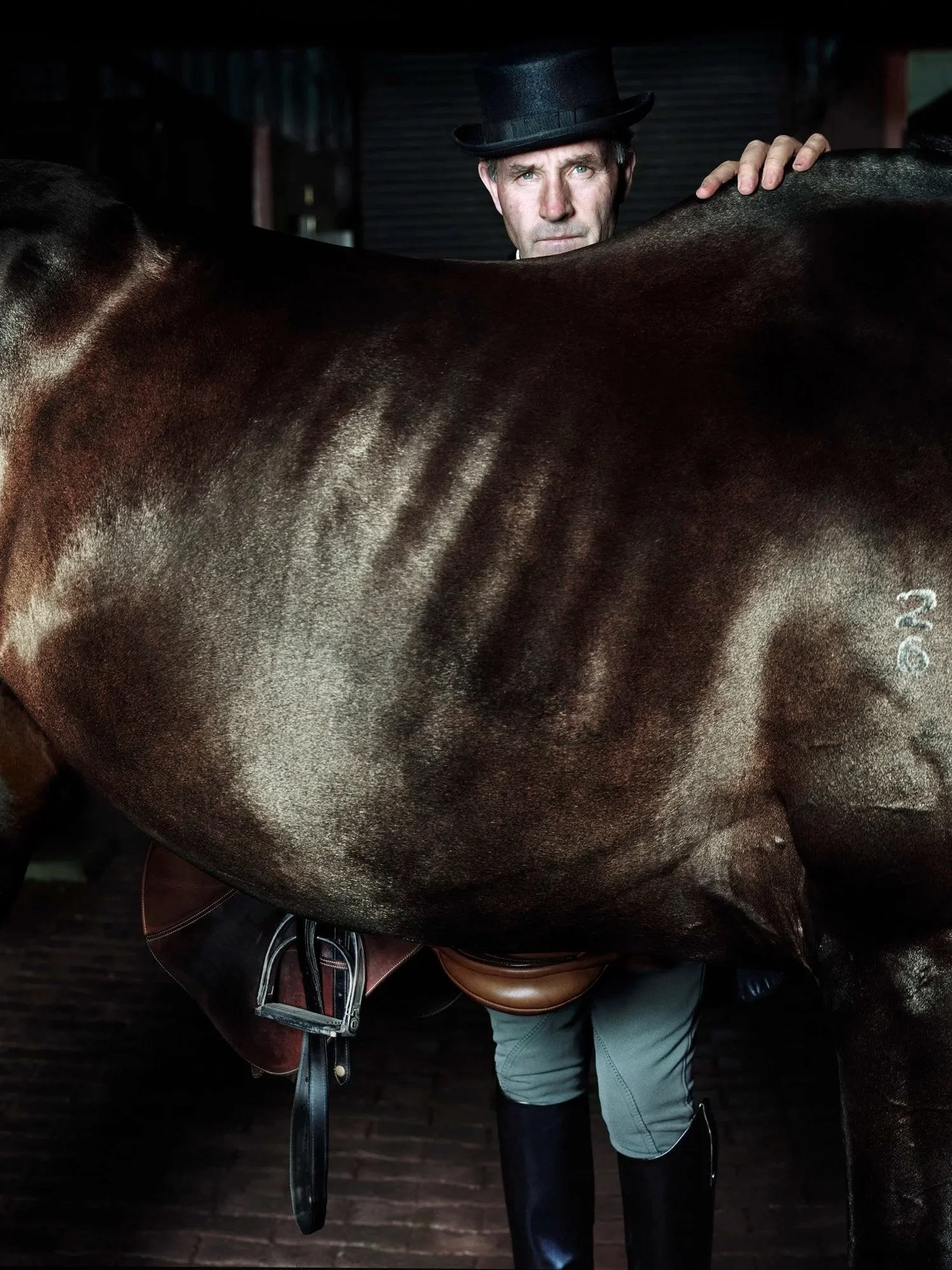 Horse trainer Wayne Roycroft standing behind his horse