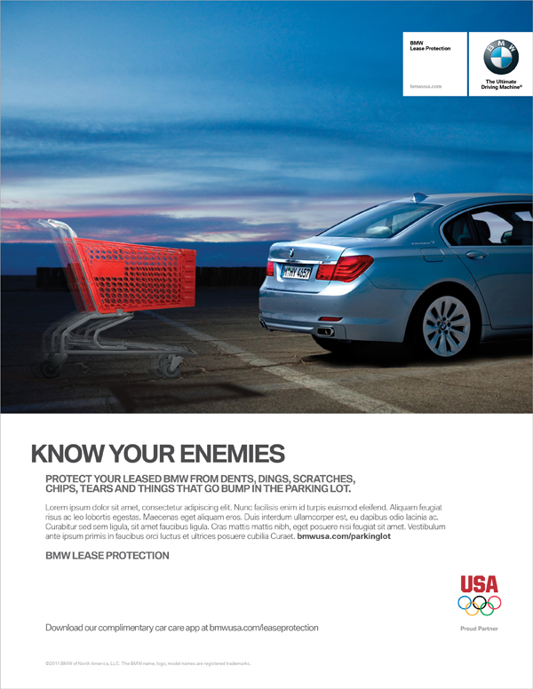There's nothing worse than turning in your leased car only to be hit in the wallet by all the little things that hit your BMW. This campaign helps you relax and enjoy your Ultimate Driving Machine because Lease Protection has you covered.