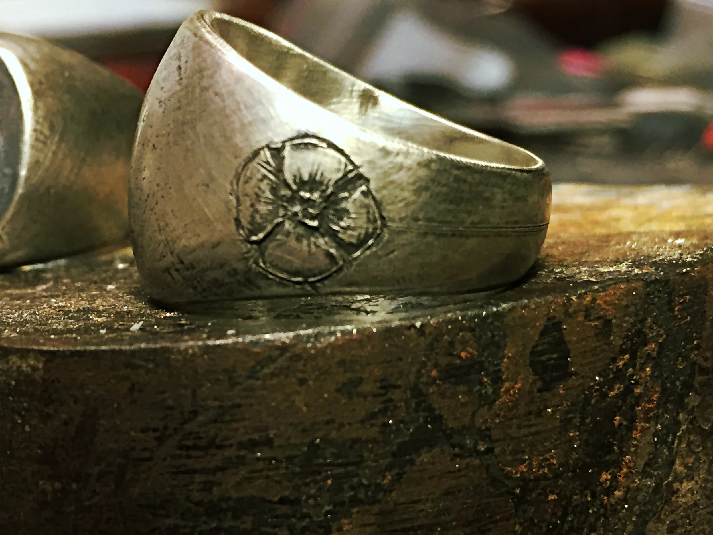 Wedding Band with custom flower: Sterling Silver with Rustic Black Finish