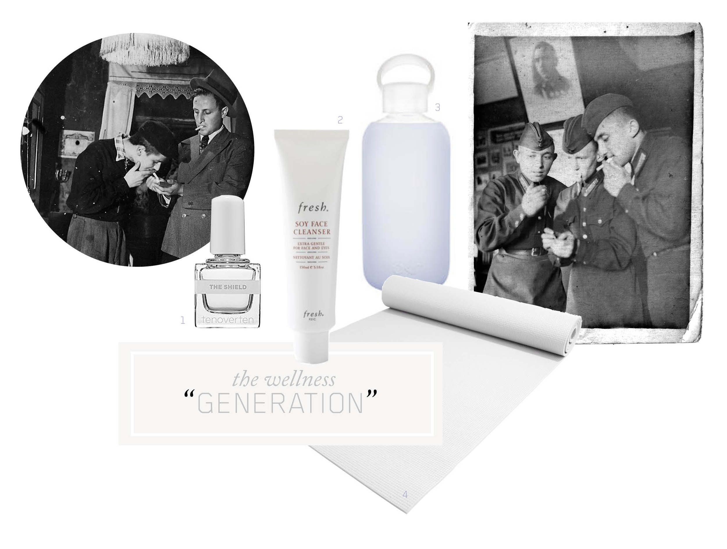 1. T ENOVERTEN top coat / 2. FRESH Soy Face Cleanser / 3. BKR Glass Water Bottle / 4. White Yoga Mat 1940s photographs of my grandfathers, both on the far right, lighting up cigarettes.