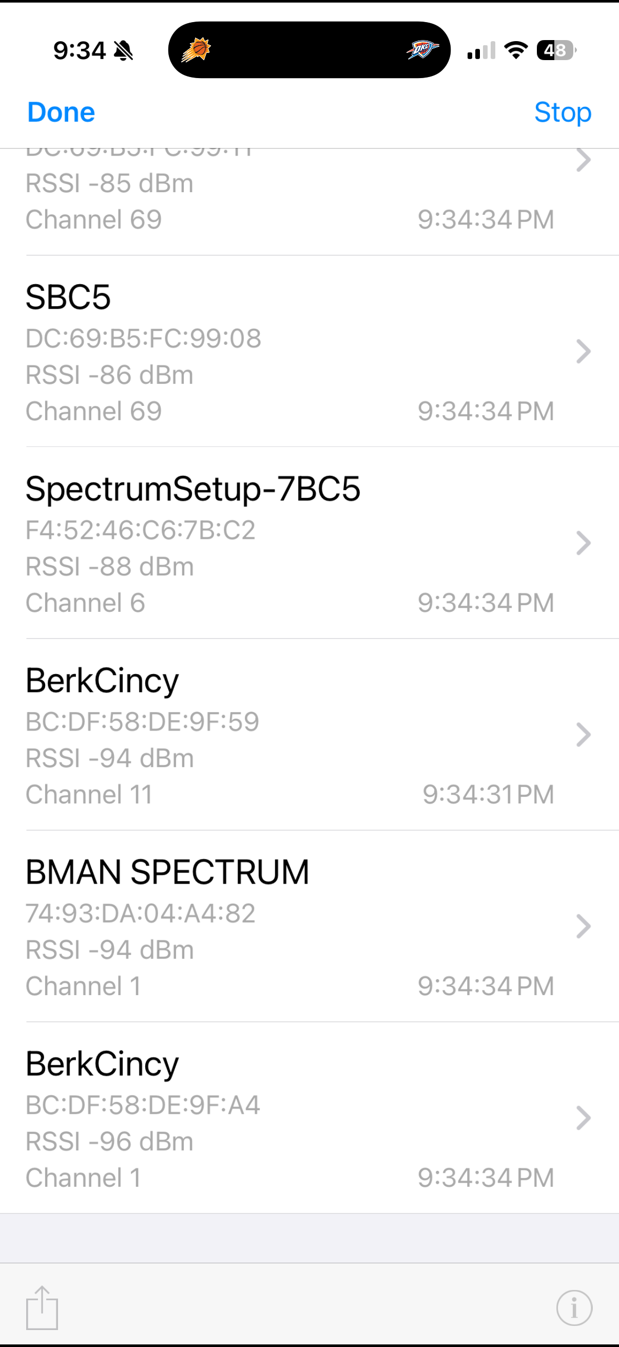 AirPort Utility Wi-Fi scan results showing channels and signal strength