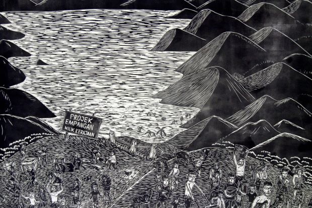 東京の展覧会に出品されたパンクロック•スゥラップの最近の木版画作品。サバ州コタキナバル近郊の小さな村のコミュニティの一つ、ウルパパールの先住民ドゥスンの人々の苦難についての作品。