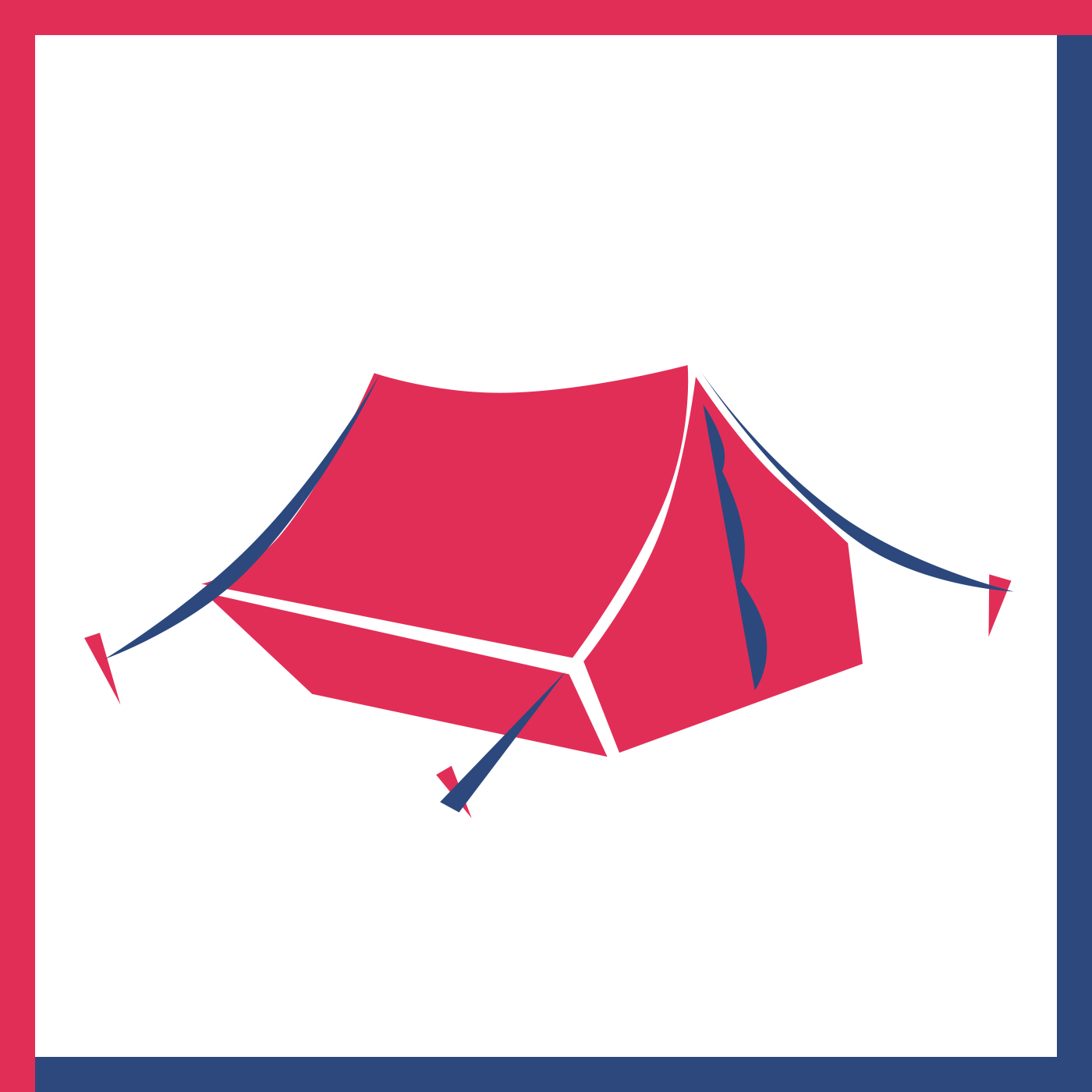 A simple tent, held taut with pegs and rope.