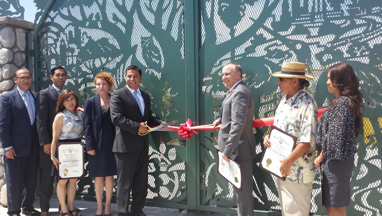 - Council member José Huizar, Board of Public Works Commissioner Heather Marie Repenning, LA Sanitation, Bureau of Engineering, Bureau of Contract Administration, the Department of Cultural Affairs and community members celebrate the opening of the Air Treatment Facility and greenway space in Boyle Heights along the Los Angeles River. - The CC license does not apply to this picture. (Credit)