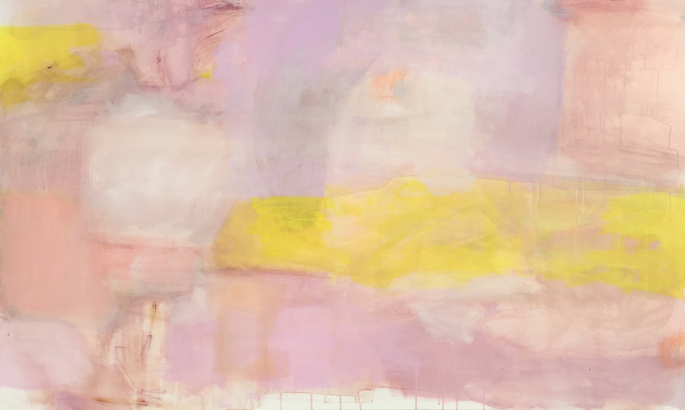 a little wild layers of paint washed and brushed away to create the shapes and shadows of a landscape. The colors are pale rose, orchid, copper and lemon. 36 x 60 