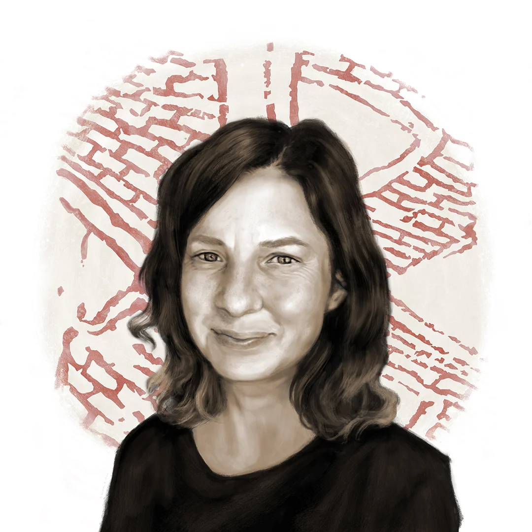 Digital self-portrait of Kathryn Killackey with a wall painting from Çatalhöyük.