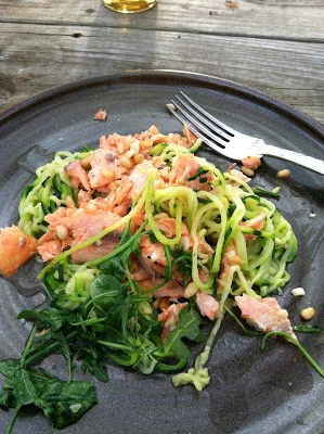 Pan-seared salmon, wilted arugula, garlic and pine nut zucchini "pasta"