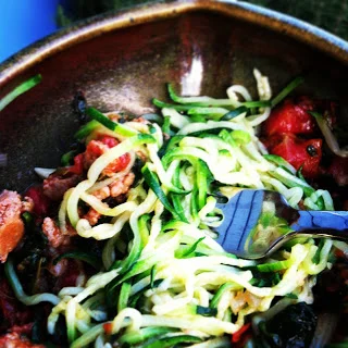 Turkey sausage and roasted tomato "zucchini pasta"