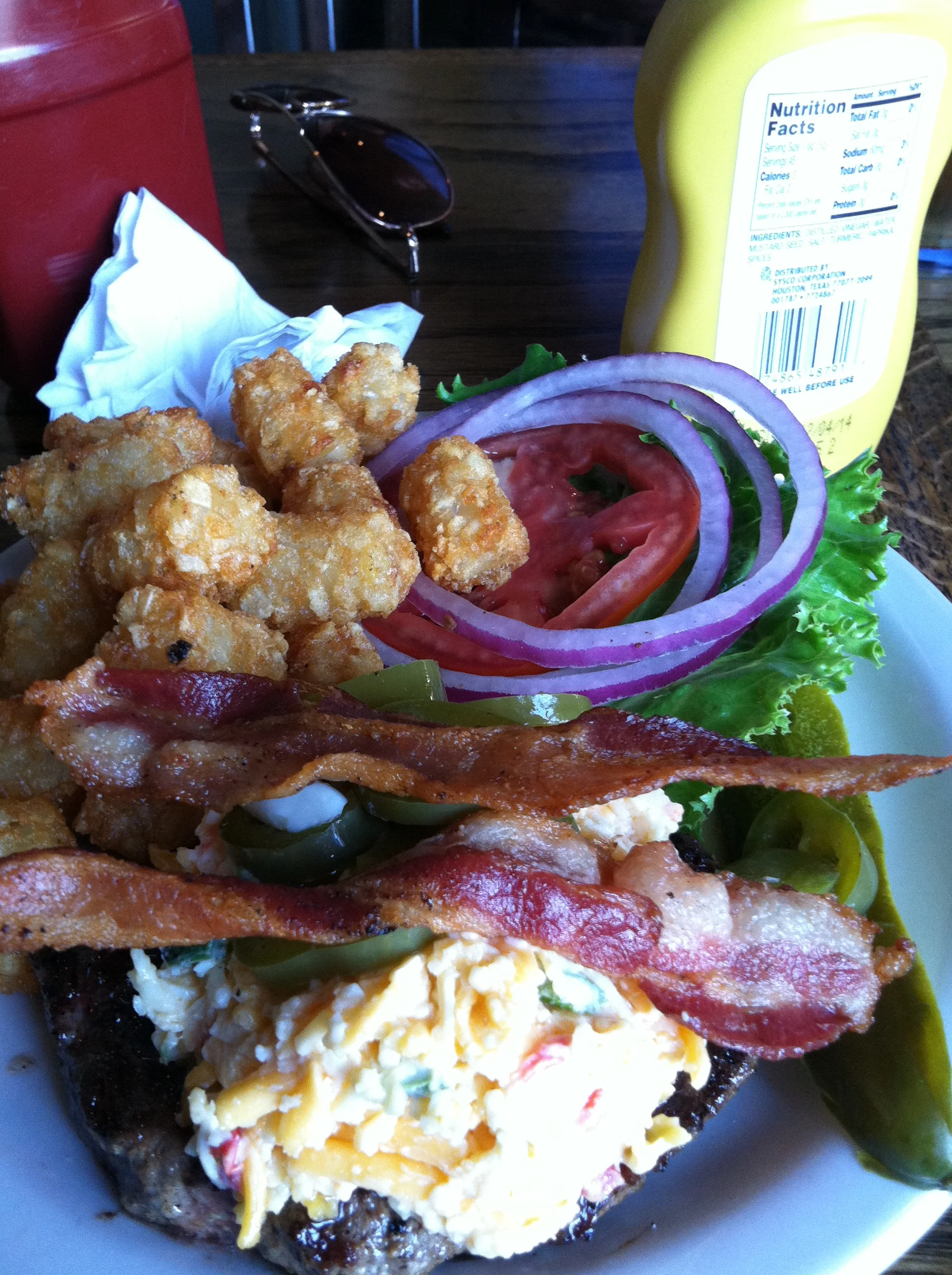 Steinbeck Burger sans bun with pimiento cheese, bacon and jalapenos
