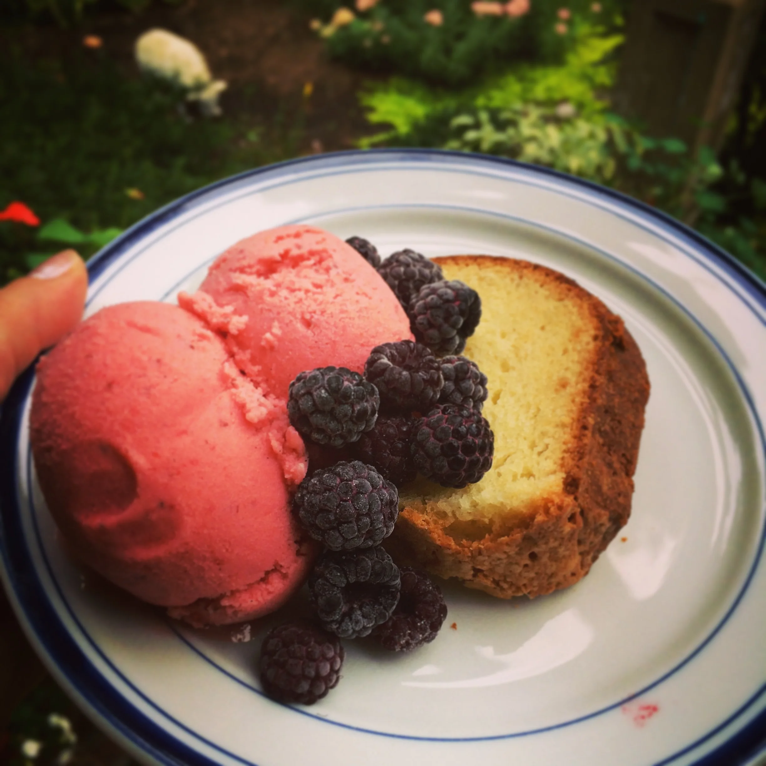 Grand Marnier Pound Cake with Roasted Strawberry Buttermilk Sherbet and frozen black raspberries.