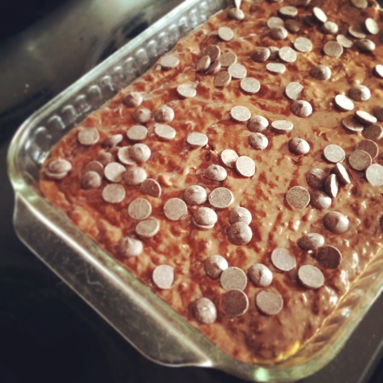 Rich chocolate and banana snackcake heads into the oven.