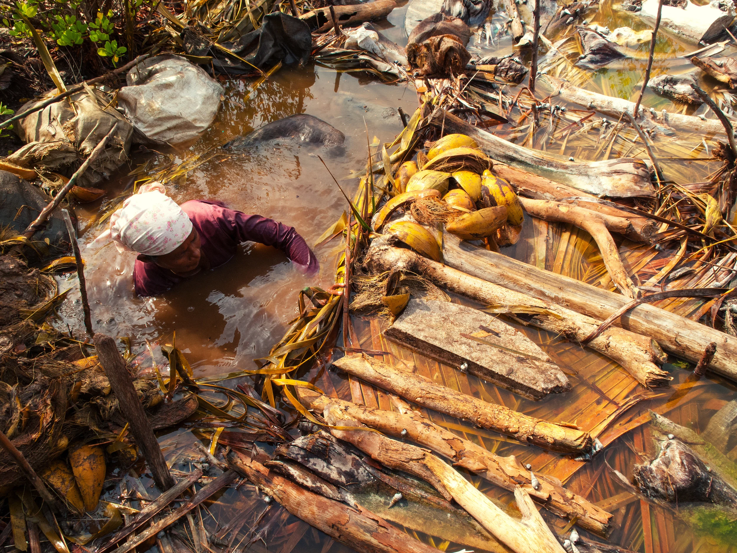 Woman preparing coconut husk to make coir rope. Haa Dhaal Atoll Kulhudhuffushi, Maldives. (2009)