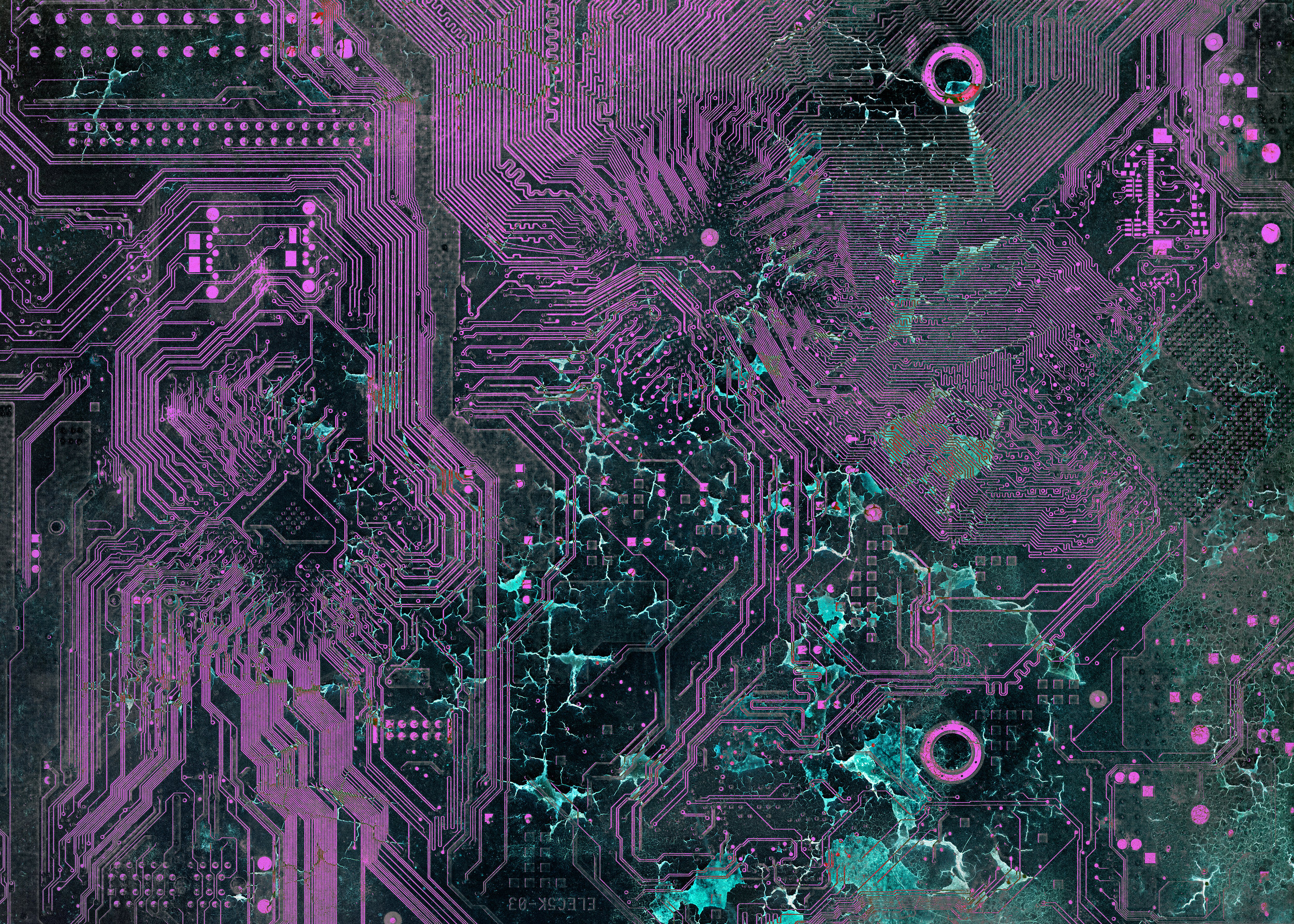 The Binary Cascades Motherboard scanned with digital flatbed scanner combined with digital photograph of cracked ceiling in Adobe Photoshop CC. (2016)