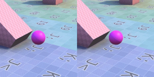 Camera and sphere moving in FixedUpdate, using interpolation on the right side only.