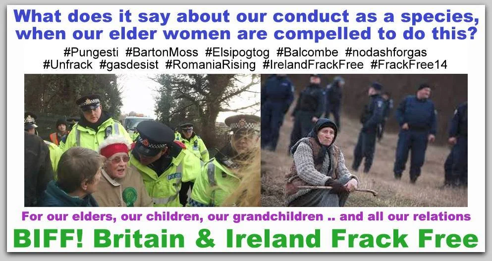 82 year-old Anne Power was again physically detained away from the protest this morning and denied her right to peaceful protest by the Greater Manchester Police. Jan 9th 2014 at Barton Moss protection camp.