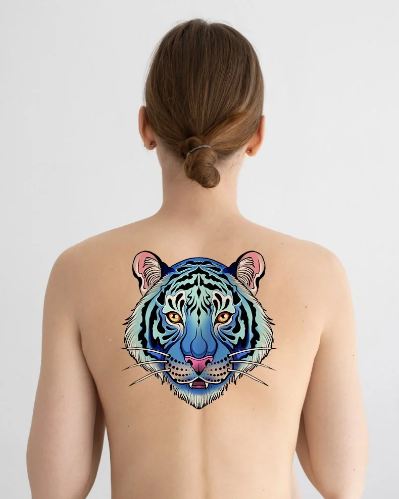 Blue tiger tattoo flash by a Chatsworth tattoo artist in Los Angeles, featuring neo-traditional style, bold color, playful expression, and illustrative design.