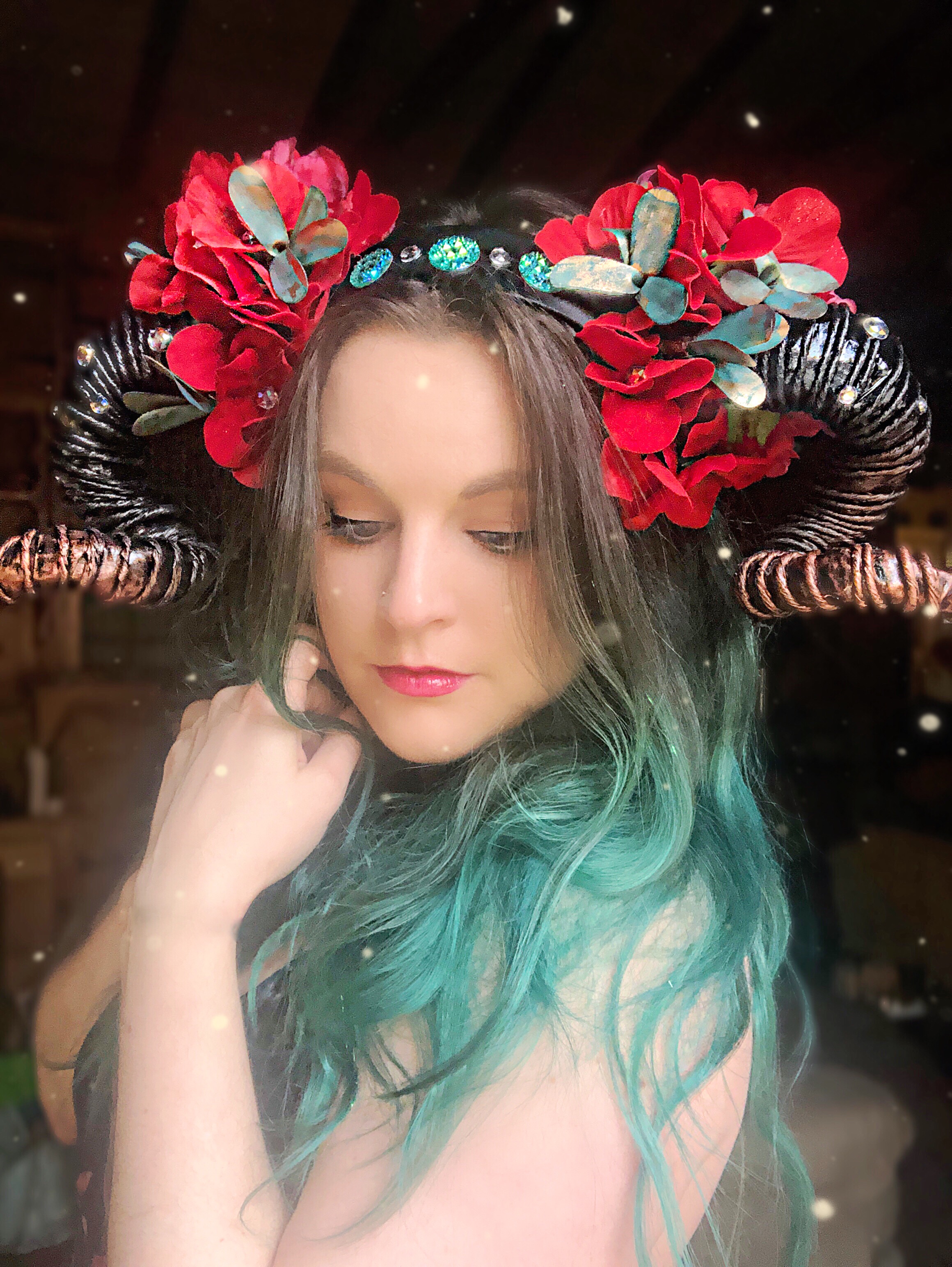 Red and Teal Dragon Horns Headdress