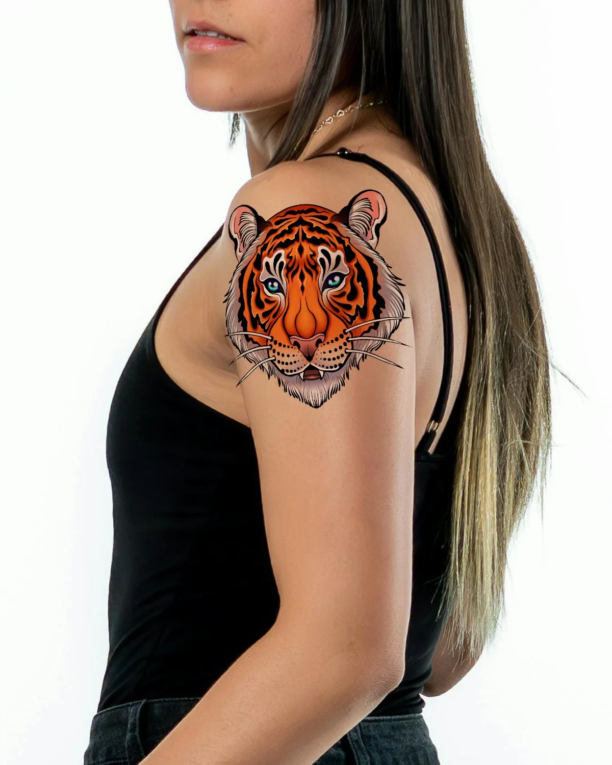 Neo-traditional orange tiger tattoo flash by a Chatsworth tattoo artist in Los Angeles, featuring bold linework, bright color, and illustrative detail.