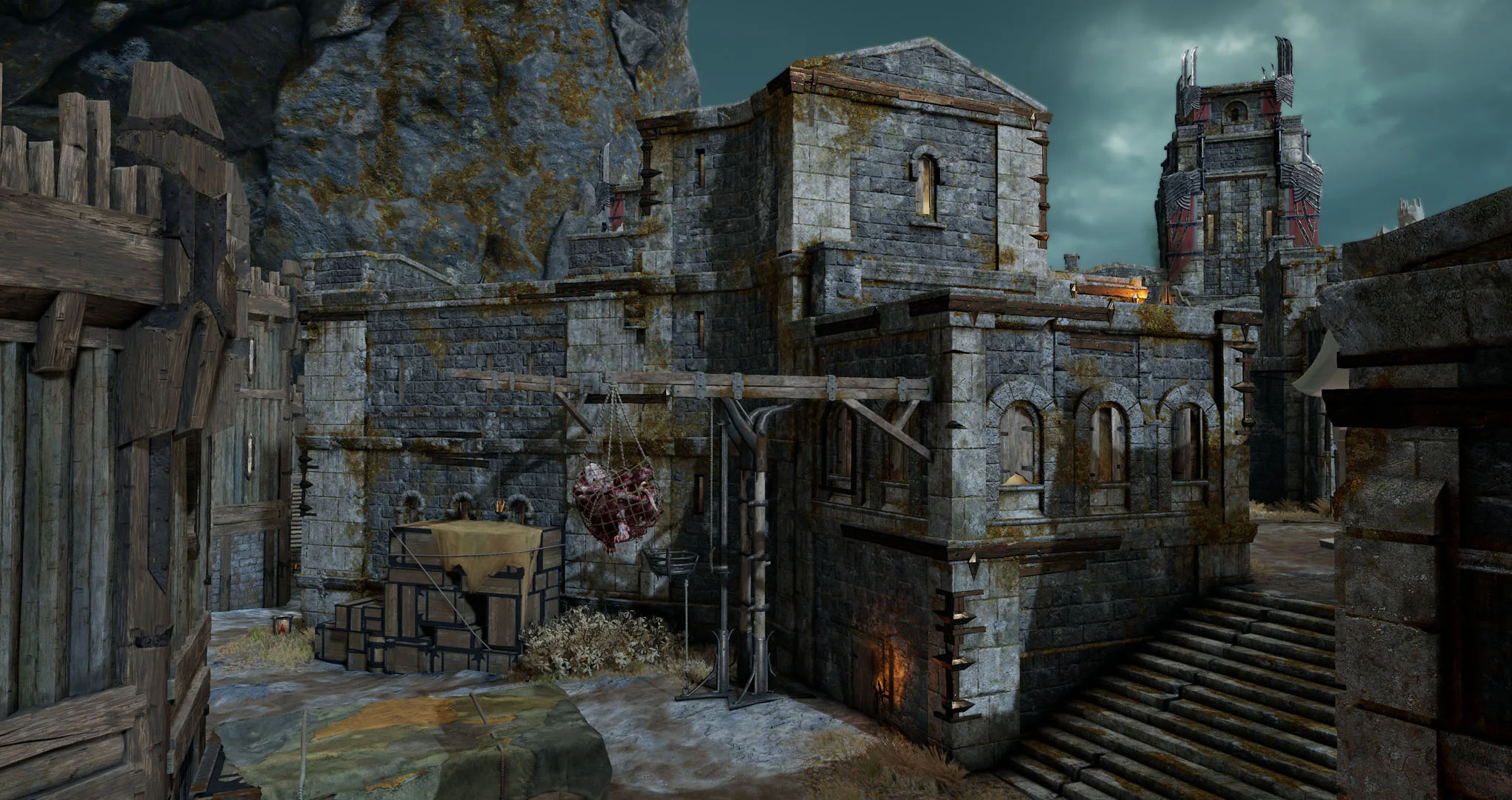  All buildings within the outer walls were initially created modularly. My responsibilities were to combine and optimize the modular pieces, then paint a custom mask for each one in Substance Painter for clean, worn, damaged, and elemental materials.