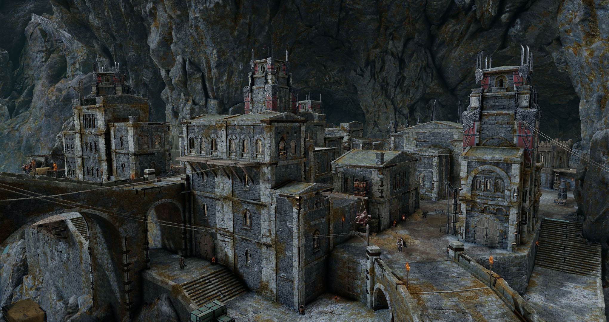  All buildings within the outer walls were initially created modularly. My responsibilities were to combine and optimize the modular pieces, then paint a custom mask for each one in Substance Painter for clean, worn, damaged, and elemental materials.