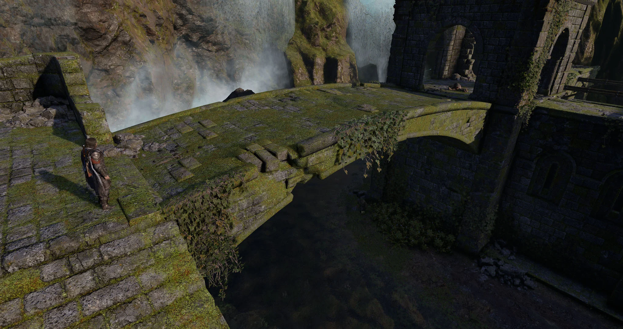  Bridge created in 3ds Max. Reused tiling textures from within zone. Custom mask painting for elemental materials, in this case moss. 