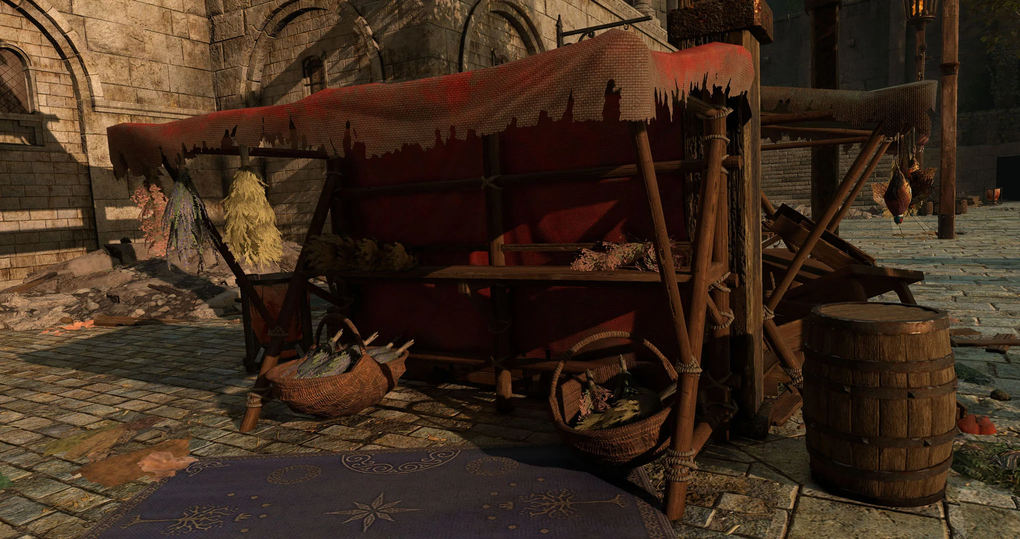  Hanging pheasants and dried herbs created in 3ds Max and textured with Substance Painter and Photoshop. Wicker basket created in 3ds Max and reuses existing tiling basket weave. 