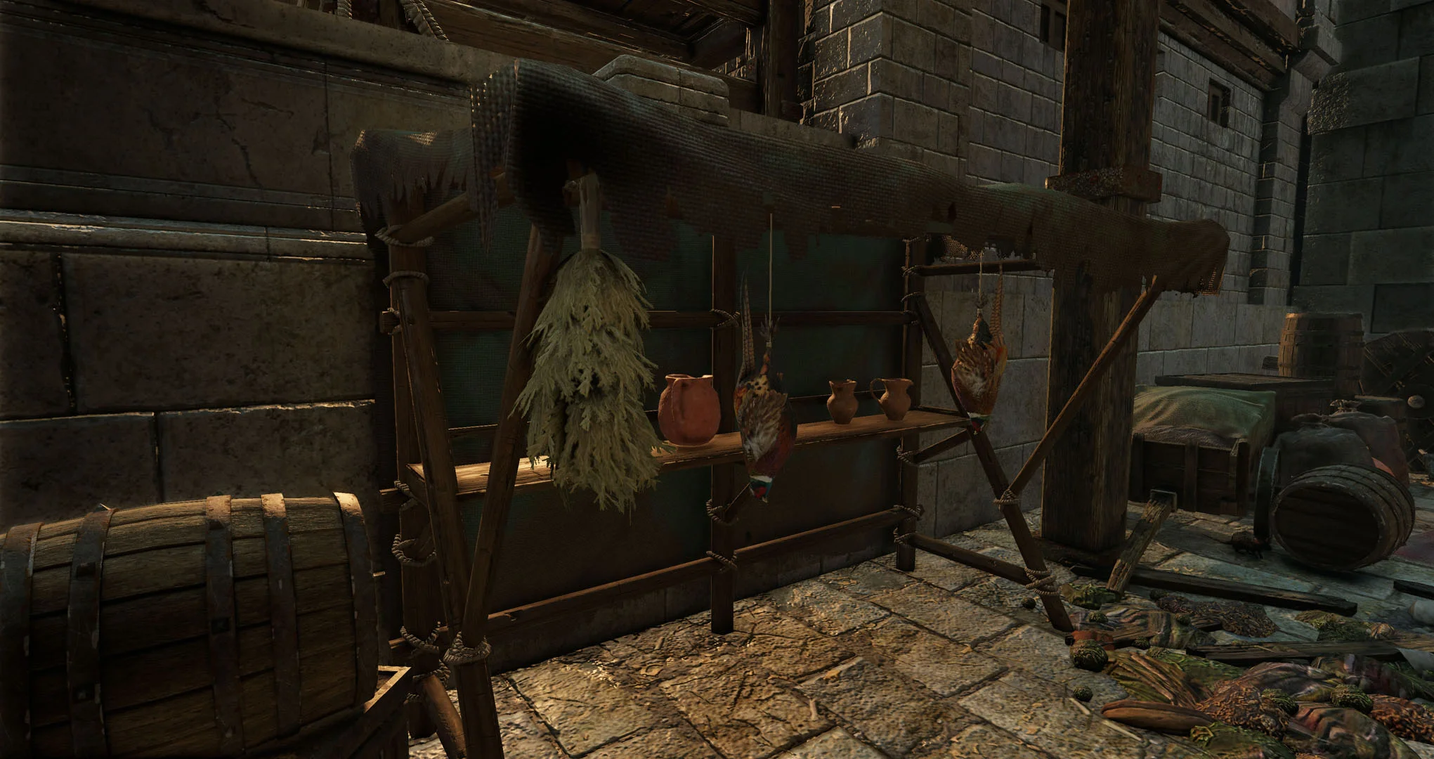 Hanging pheasants and dried herbs created in 3ds Max and textured with Substance Painter and Photoshop. Also terracotta pitchers. 