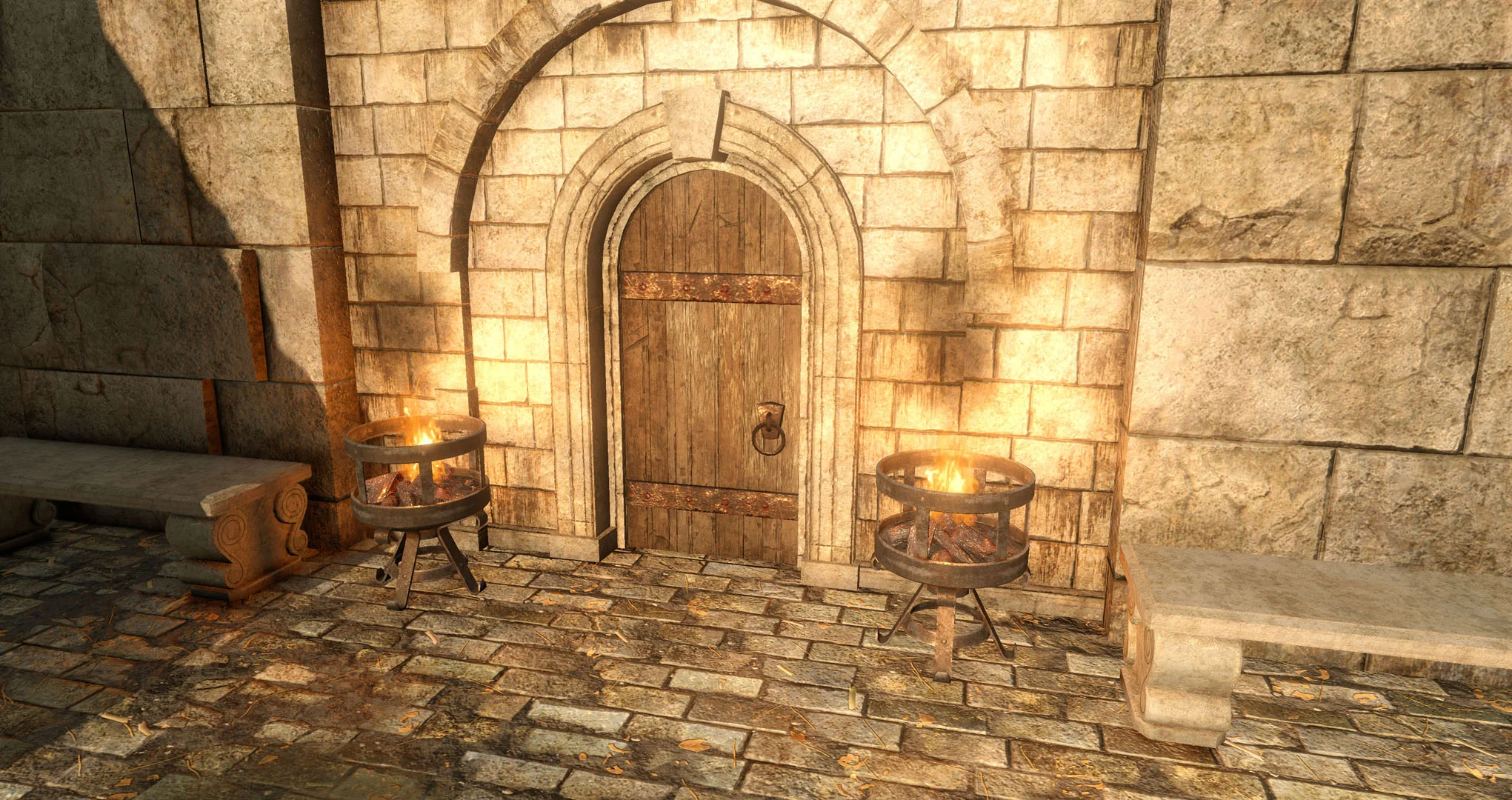  Small braziers created in 3ds Max and use a 2 blend material, combining raw and rusted metal through masking done in Substance Painter. 