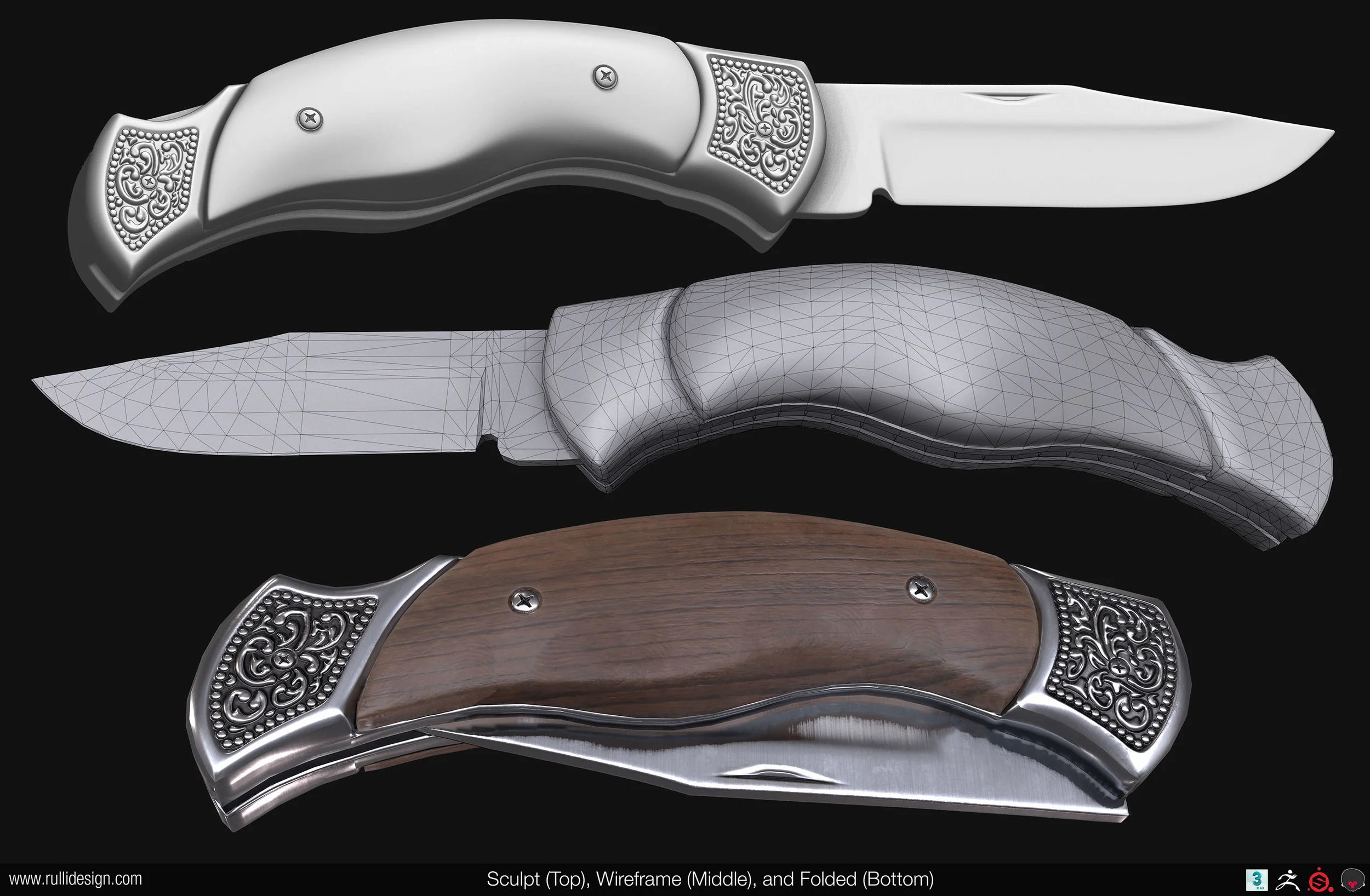 Found some reference for this while shopping for groomsmen gifts. I went with higher quality knives, but I still like the look of this one. Modeled in 3ds Max, then dynameshed in Zbrush to add more detail to the ornate sections. Baked and textured in Substance Painter, then rendered in Marmoset Toolbag 3.