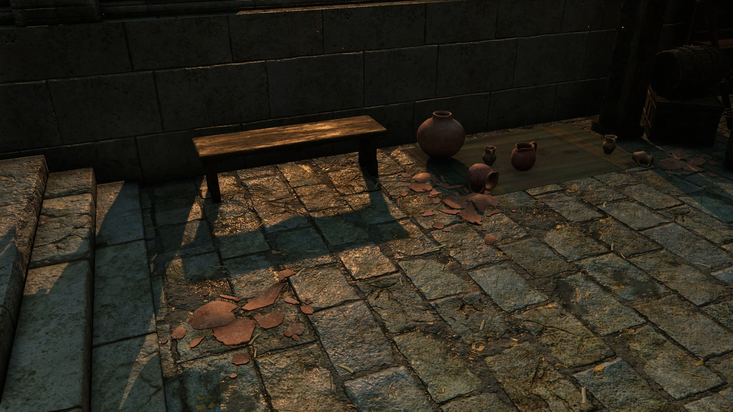  Terracotta pots and bench both created in 3ds Max. Pot is textured with my Substance, and bench is reusing tiling wood from the scene, but with a custom blend mask painted in Substance Painter. 