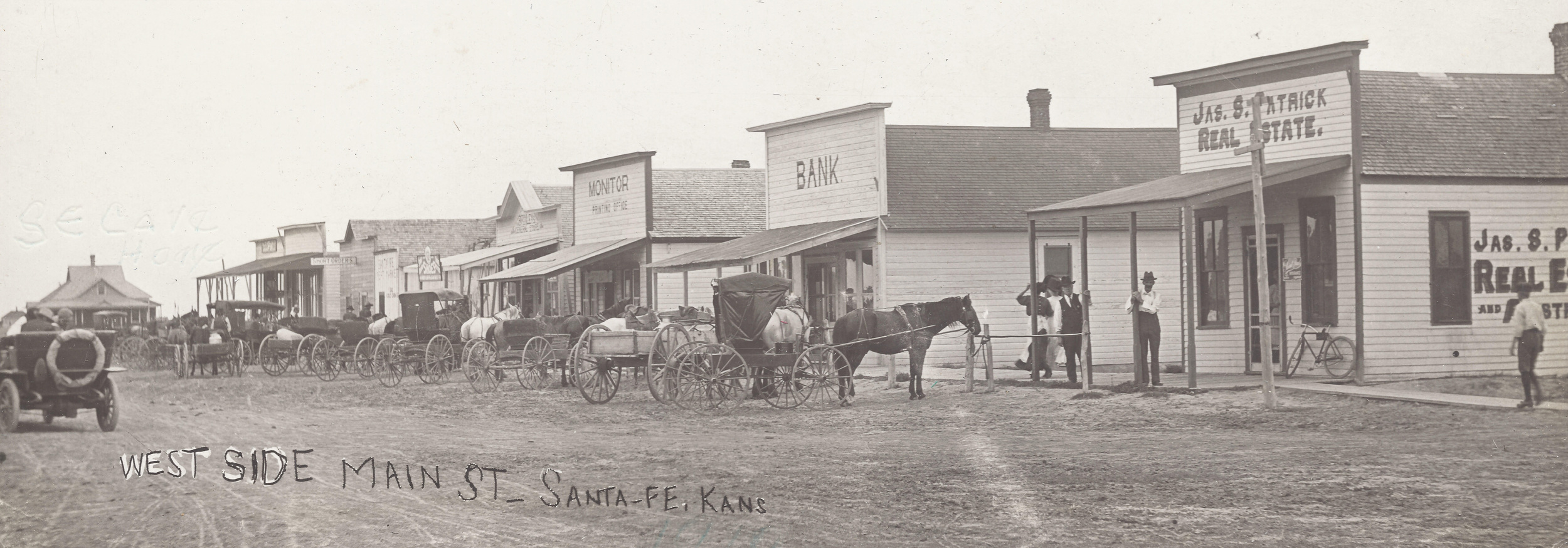 Maude (Lindeman) Preedy of Colbert, Washington, recalls that Santa Fe's main street lay north and south, about a quarter mile west of what is now US 83. The primary places of business were the Rinehart General Store, the newspapers, O.L. Brinley's store, James S. Patrick's Real Estate office, The Rutledge Hotel, the courthouse, the town well , Joe Pearce's business office, two churches and Dr. L. V. Miners home, where he had his office. In this view of main street, ca 1910, the S. E. Cave residence can be seen at the south end. 