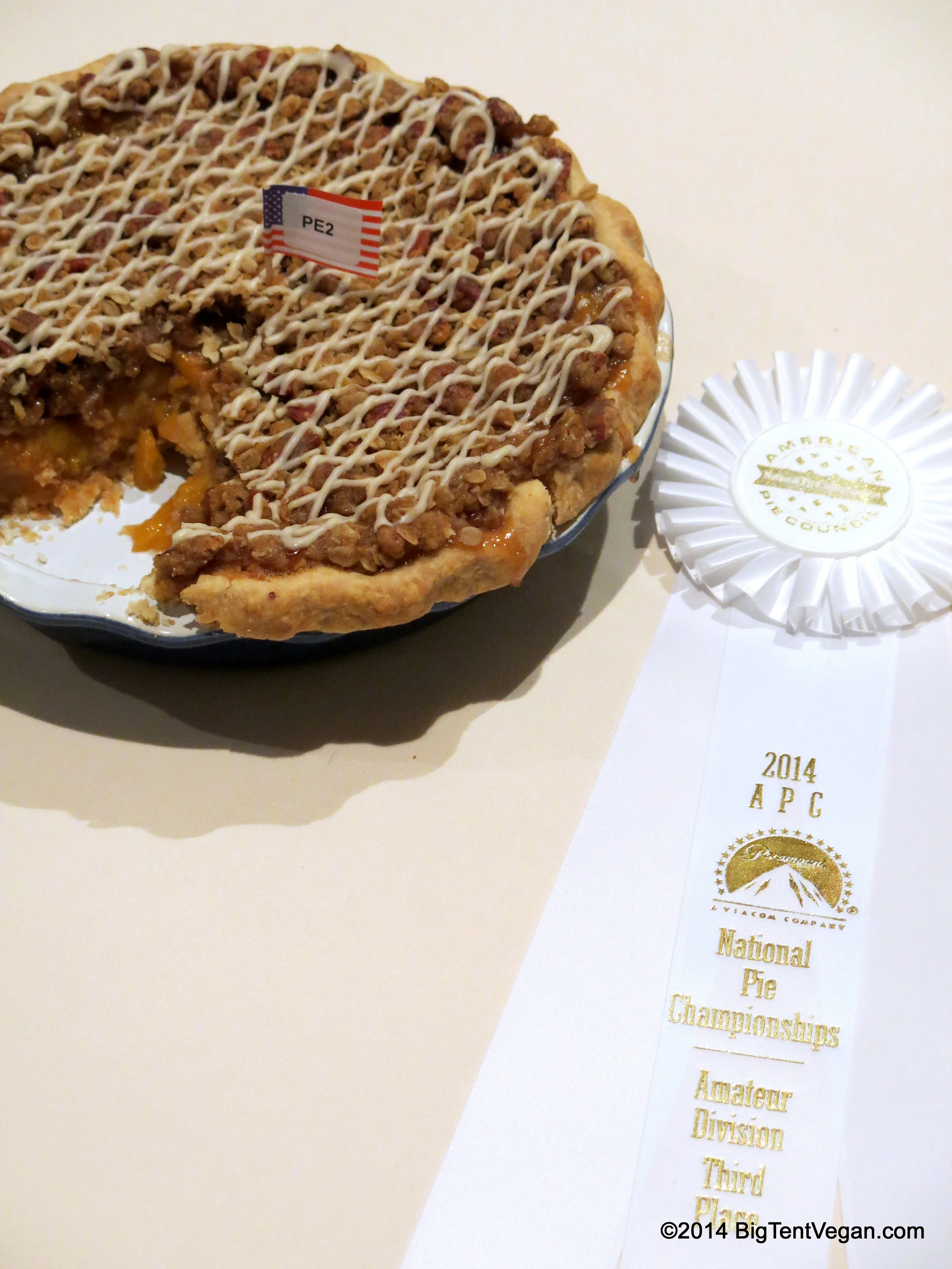 Vegan Peach Pie by Susan Asato wins 3rd Place in Paramount Pictures Peach Pie Category at the 2014 APC National Pie Championships in Orlando, Florida, USA.